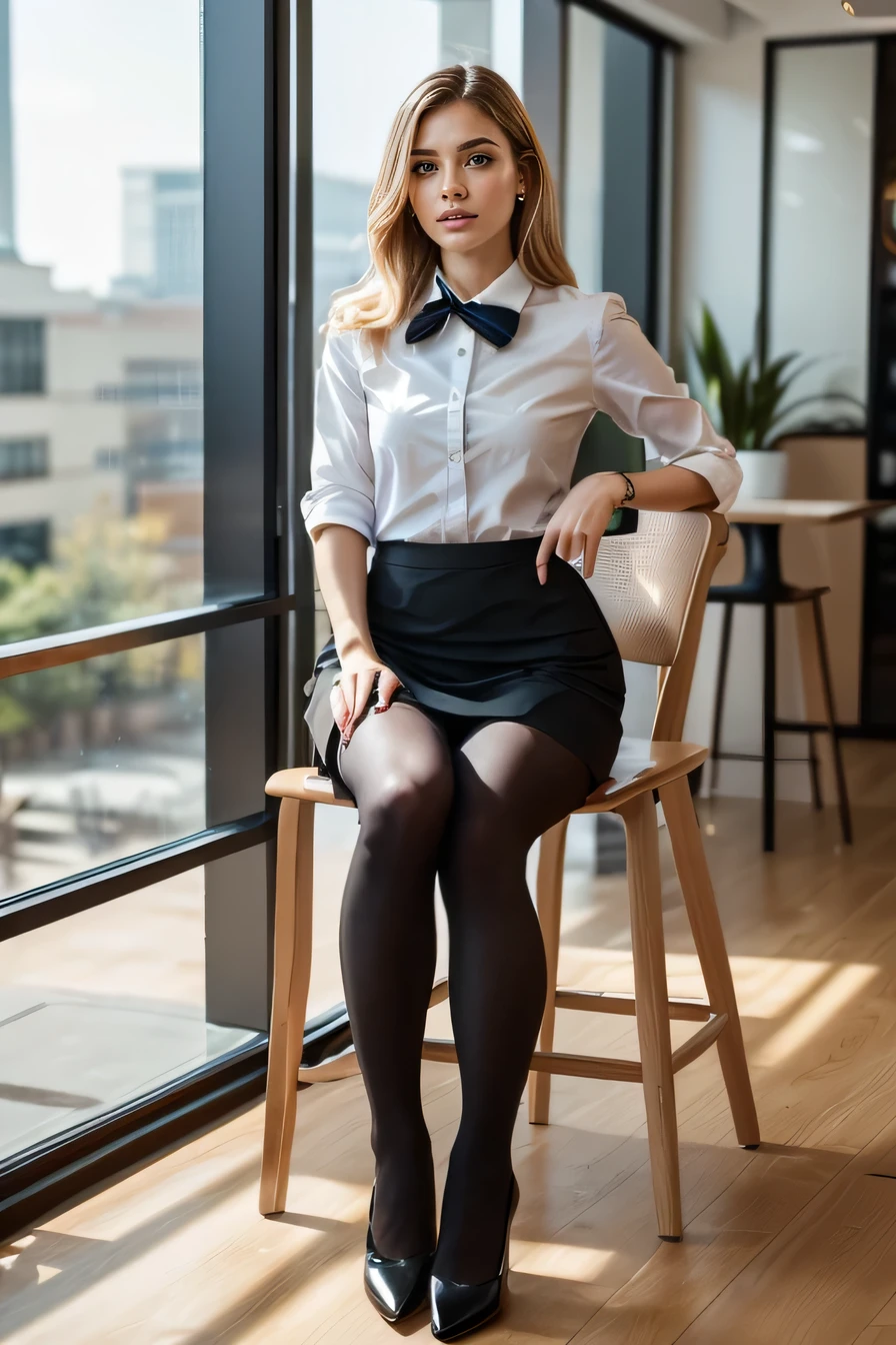 high quality,16K:1.1),(, Woman sitting on a chair in a coffee shop)(Full Body Shot:1.2),(),Blonde、、ear piercing、smile、Beautiful teeth alignment、((Office Lady Suits、Knee-length skirt、tights、pumps)), ,(View your viewers:1.3),Coffee shop in the background