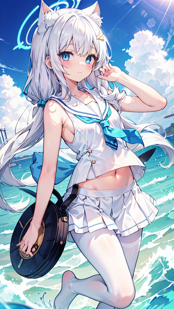 Sailor Suit,Navel,girl,White pantyhose,White hair,Long hair,Cat ear,Heterochromia blue-yellow,Smile,Female face,There are bright spots in the eyes,White little hands,Normal fingers,flat chest,Standing on the sea,Blue ring halo,White skirt,Blue tie