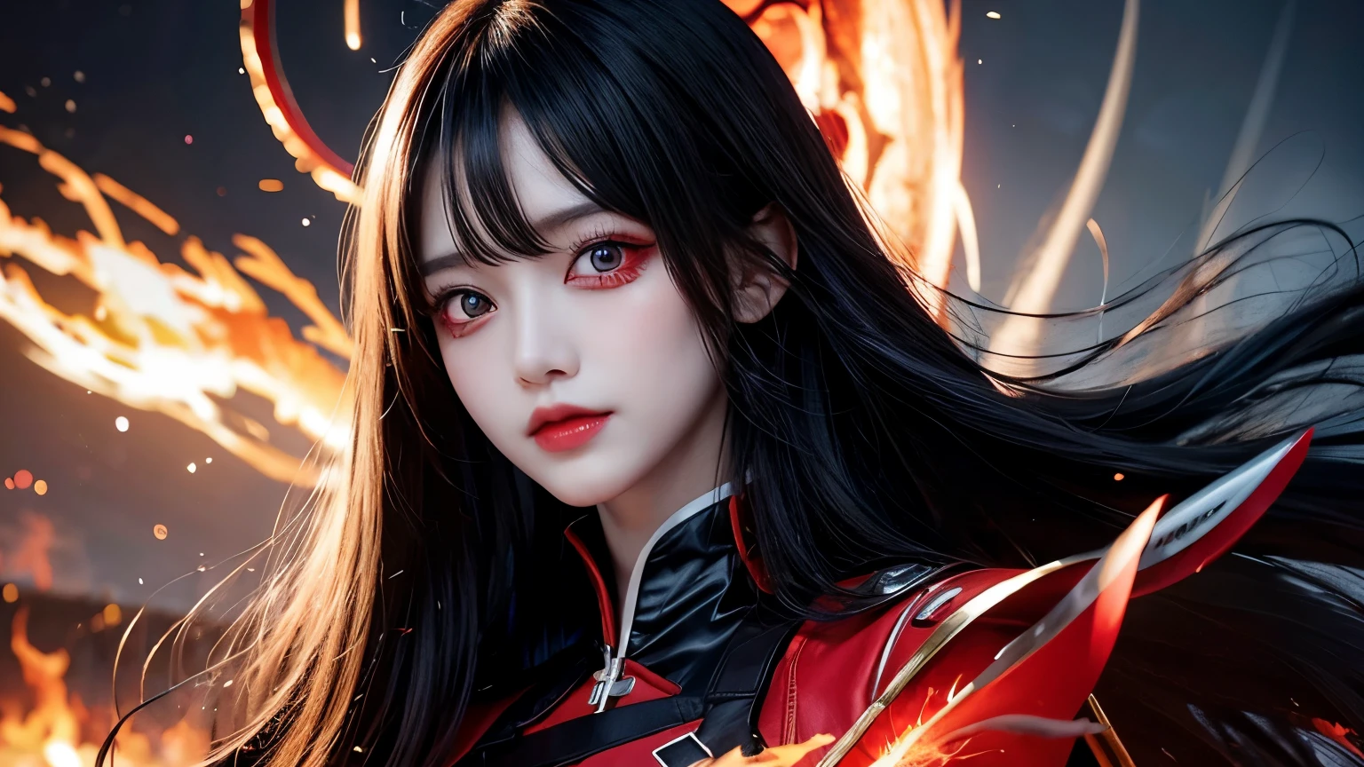1girl, black hair, red eyes, fire witch, blood, light particles, light rays, wallpaper, high contrast, colorful,