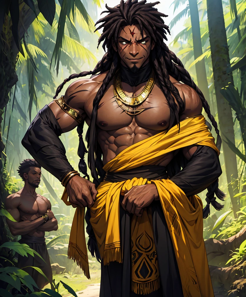 (((Luxurious shoulder-length black hair in dreadlocks, dark complexion, and sexy smirk.))) (((18 years old.))) (((18yo.))) (((Cute smirk.))) (((Single character image.))) (((1boy))) In this captivating artwork, delve into the depths of treachery and deceit as you portray a member of the jungle tribe who embodies cunning and untrustworthiness. This character, thin and wiry, exudes an air of arrogance and smugness, reveling in their villainous nature.  (((Looks African American and looks like a human version of the Disney villain Scar.)))
With a physique that belies their deceptive prowess, this character possesses a lean and sinewy frame, emphasizing their agility and ability to navigate the shadows. Their appearance draws inspiration from Scar, with a sleek and angular countenance that hints at their cunning nature.
Clad in attire that reflects their scheming persona, their clothing is adorned with dark and intricate patterns, symbolizing their affinity for manipulation and intrigue. Their garments, crafted from lightweight materials, allow for swift and silent movements, aiding them in their nefarious endeavors.
Their facial expressions and body language exude an air of superiority, with a smug and self-assured demeanor that leaves no doubt about their villainous intentions. Their eyes, sharp and calculating, seem to hold secrets and hidden agendas, inviting viewers to question their every move.

The surrounding jungle environment, while vibrant and teeming with life, takes on an eerie and foreboding atmosphere. Shadows dance amidst the dense foliage, hinting at the character's ability to blend seamlessly into the darkness. Sinister creatures lurk in the background, their presence echoing the character's malevolence.

