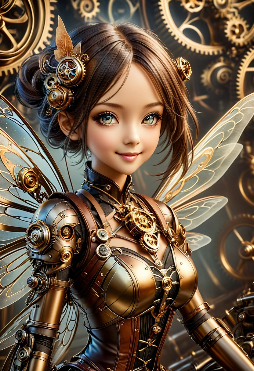 steampunkai。One Girl。Mechanical fairy。(smile)。(Close ~ eyes)。Floating in the air。Full body portrait。