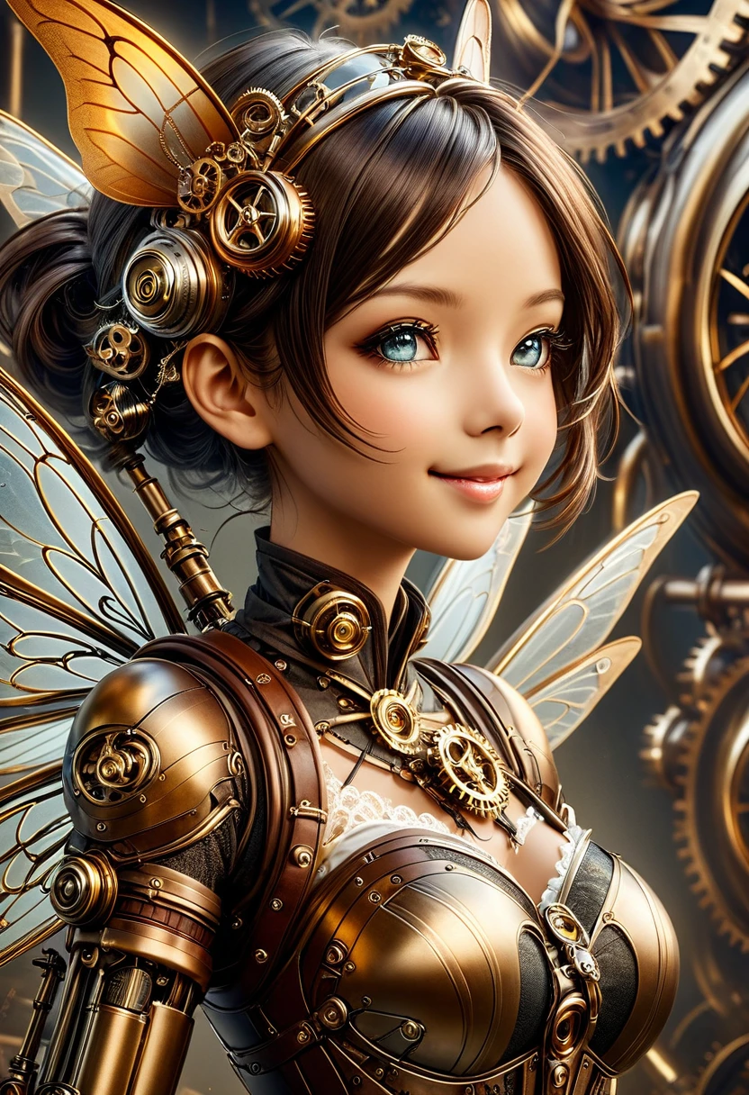 steampunkai。One Girl。Mechanical fairy。(smile)。(Close ~ eyes)。Floating in the air。Full body portrait。