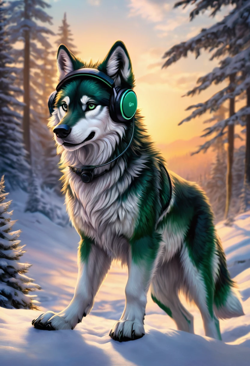 masterpiece, Highest quality, male, Wolf-like dog, Dark green fur, Strong Body, Gentle expression, Bushy tail, Quadrupedal, He is wearing black cordless headphones around his neck., A world in black and white, Contrast,Moderate:figure, Detailed wolf fur, Vibrant colors, Playful expressions, Sharp focus, Detailed landscape, Whimsical atmosphere, Soft lighting, Subtle texture,
