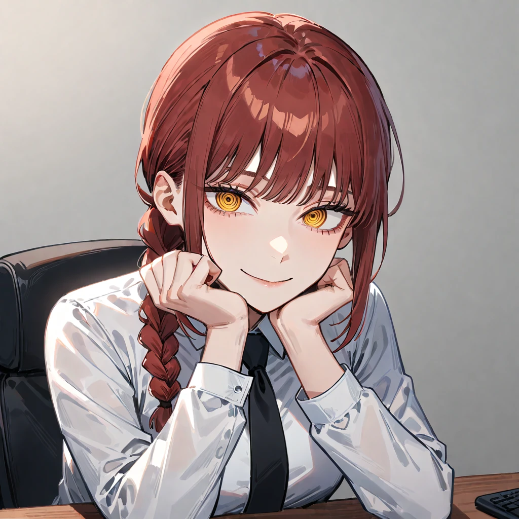 makima (chainsaw man), 1girl, necktie, solo, shirt, black necktie, ringed eyes, looking at viewer, smile, yellow eyes, red hair, braid, white shirt, collared shirt, braided ponytail, formal, bangs, long sleeves, office lady, sidelocks, suit, upper body, business suit, medium hair, head rest, long hair, ((medium quality)), ((medium quality))