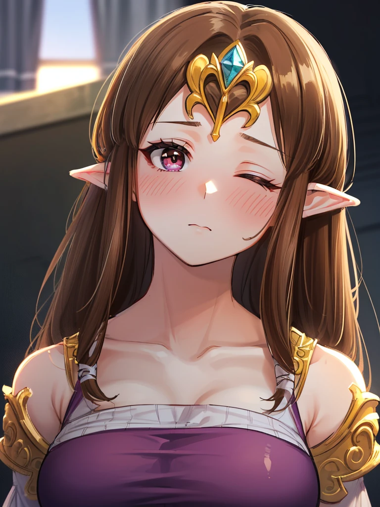 ((((Very beautiful mature woman)))),((surprised),((Scared)),((Close one eye)),((((Exposed shoulders)))),(((look up))),,((()),,(((Long Hair)))),((Big Breasts)),((((Exposed shoulders)))),((Front Face)),Princess Zelda, ((Highest quality)),,(Very detailed) ,,((Purple blouse)),Brown Hair,((Embarrassed look)),Blushing, ((Highest quality)), (Very detailed), ,(((Dark brown hair))),Nintendo, (Straight hair), face,Blushing,((alone)), ((Highest quality)), (Very detailed), ,