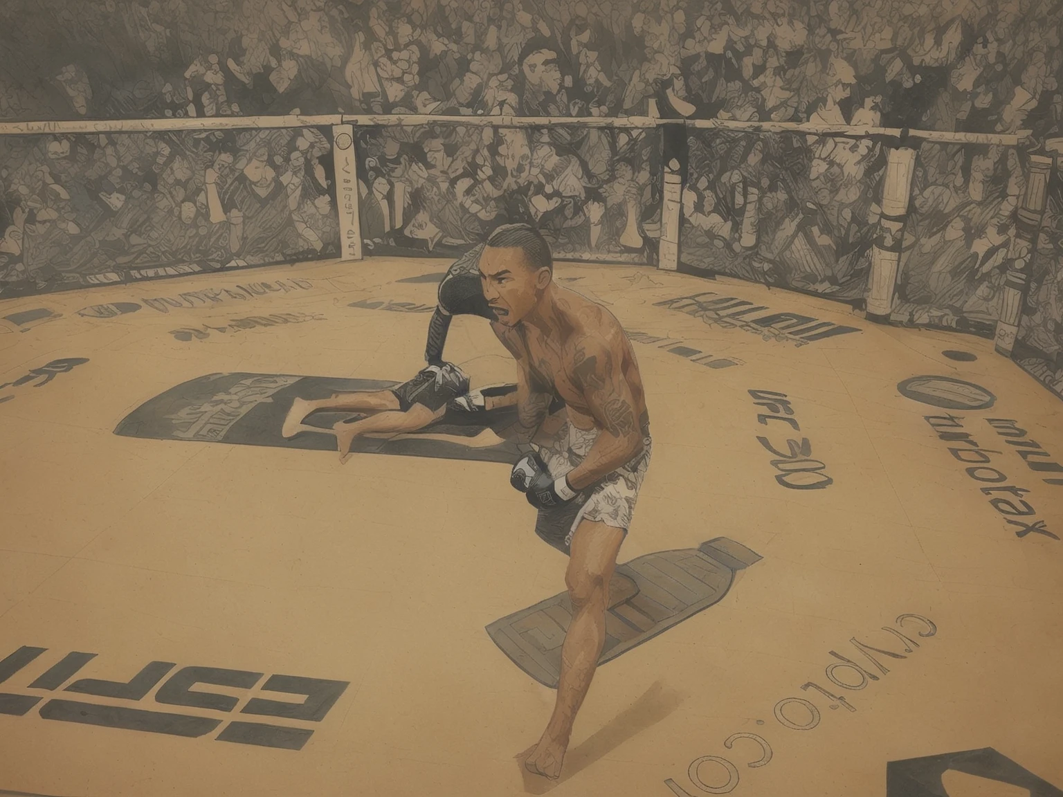 Max Blessed Holloway, ink and pen illustration, hand drawn splash panel, portrait, cel shading, strength, "I hope you guys are cheering for something", Puʻuwai, craftsmanship nuance, battle tested, heart of a fighter, cage fighting champion, Ula'ula, kumu, malama, pomaika 'i,

