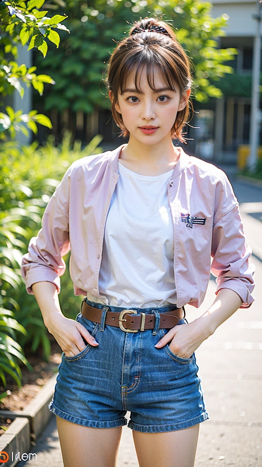 (8K、RAW Photos、Highest quality、masterpiece:1.2)、(Realistic、Realistic)、1 Girl、((Shorts、ponytail、Gloves、Jacket、Sportswear、garden、View from the front、Looking into the camera、belt、Stand with hands on hips))、cute