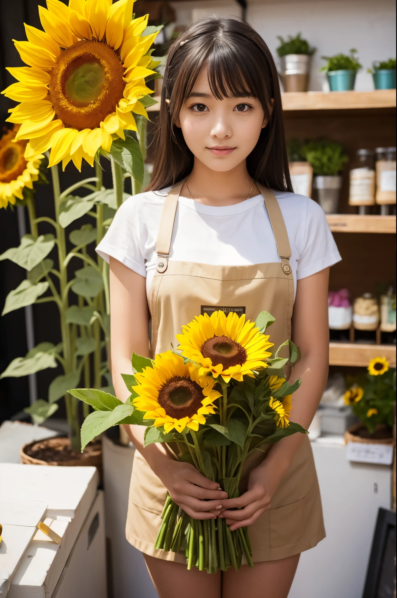 A 20-year-old girl working at a flower shop(Wearing a miniskirt and apron)have a sunflower
