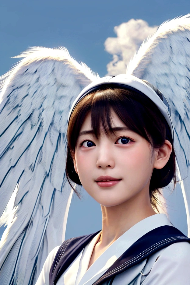 (Realistic:1.2),Japanese Girls, (Look Up:1.2), (Angel's wing:1.5), (Highest quality:1.4), (Very detailed), (Very detailed美しい顔), smile, (Realistic Skin:1.4), Great face and eyes, iris, Medium Hair, Black Hair, Symmetrical eyes, The background is blue sky, (Short-sleeved sailor suit:1.3), (Angle from below:1.3), Smooth, Very detailed CG synthesis 8k wallpaper, High-resolution RAW color photos, Professional photography, Light, BackLight, dream-like, impressive, Written boundary depth