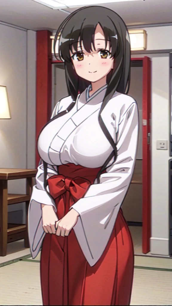 8K, RAW photo, best quality, masterpiece:1.2, Girl in Priestess Uniform, Outfit with open chest, Shoulder-exposing sleeves, Short hakama, Kasumi Iwato, smile, looking at viewer, Huge Breasts, (open clothes), (breasts out), Inside Japan house, straddling, Close-up from the waist up,