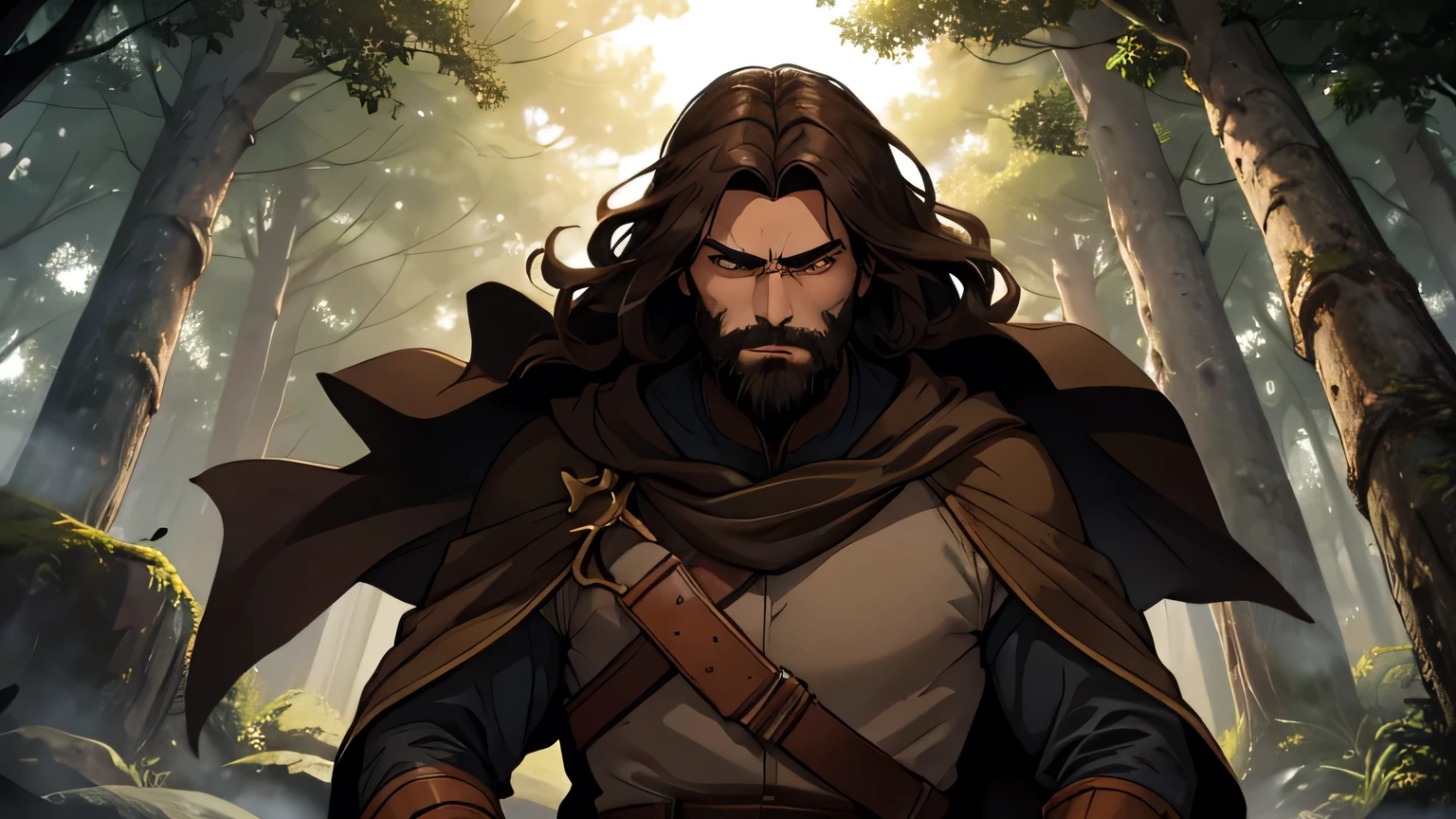 Worried-faced man with dark brown beard, long dark brown hair, light yellow-brown eyes and dark brown and light brown tunic from the 4th century BC. C., wearing a light brown cloak, about 50 years old, holding a staff, walking in a dark and mysterious forest at night, lost in the forest, changing lighting, hyper-realistic, cinematic lighting,