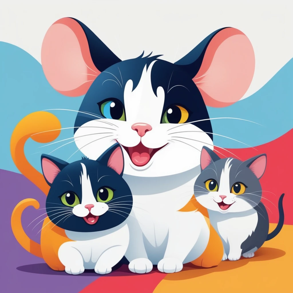 1 mouse and 1 cat, vector art, funny, smiling, looking at camera, colorful, vibrant, happy, playful, cartoon style, digital illustration, minimal style, simple shapes, bright colors, whimsical, cute, dynamic composition, high contrast, clean lines, bold colors, expressive, charming, lighthearted, joyful, whimsical, adorable, playful characters, positive mood, fun, (best quality,4k,8k,highres,masterpiece:1.2),ultra-detailed,(realistic,photorealistic,photo-realistic:1.37),digital painting