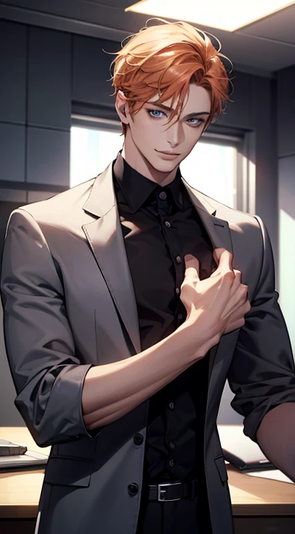 (best quality,4k,8k,highres,masterpiece:1.2),ultra-detailed,(realistic,photorealistic,photo-realistic:1.37),1 man,31 years old,mature man,very handsome,without expression,smile,short orange hair,blue eyes,penetrating gaze,perfect face without errors,imposing posture,businessman,office background,cinematic lighting,hdr image