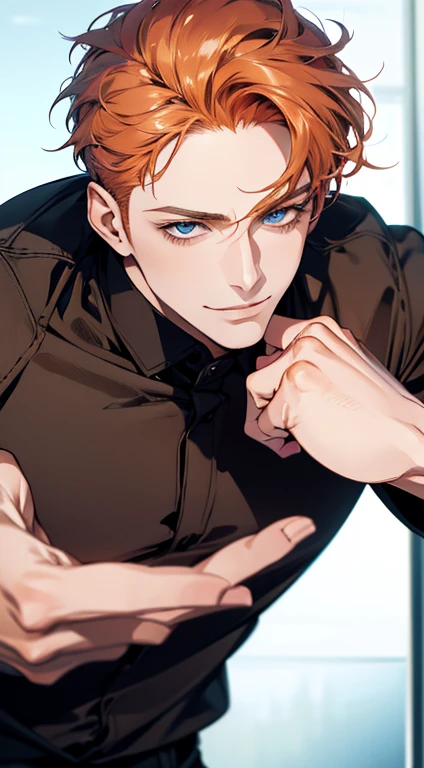 (best quality,4k,8k,highres,masterpiece:1.2),ultra-detailed,(realistic,photorealistic,photo-realistic:1.37),1 man,31 years old,mature man,very handsome,without expression,smile,short orange hair,blue eyes,penetrating gaze,perfect face without errors,imposing posture,businessman,office background,cinematic lighting,hdr image