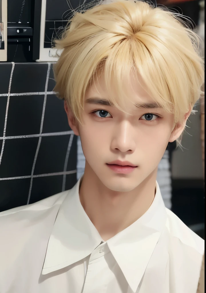 Handsome male,blonde hair,sleepy eyes, black eyes, two block hair style