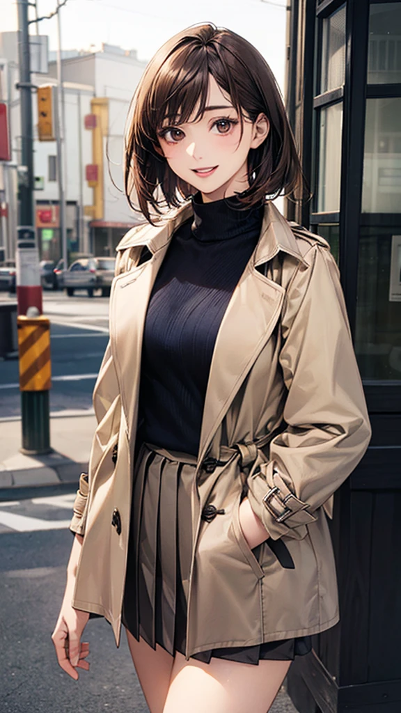 (masterpiece:1.2, Highest quality), (Realistic, photoRealistic:1.4), Beautiful illustrations, (Natural Side Lighting, Cinema Lighting), Browsing Caution,
View your viewers, 1 Girl, Japanese, Beauty、30 years old, Perfect Face, Cute and symmetrical face, Shiny skin,
(short hair:1.7, Straight hair:1.2, Brown Hair), Swept-apart bangs, Dark brown eyes, Droopy eyes, Long eyelashes, (Medium chest), thin,
Beautiful Hair, Beautiful Face, Beautiful attention to detail, Beautiful clavicle, Beautiful body, Beautiful breasts, Beautiful thighs, Beautiful feet, Beautiful fingers,
(Beige trench coat, Black turtleneck sweater, Grey box pleated skirt), Navy and brown checked scarf:1.3)、
(Beautiful views), evening, (Outdoor), Are standing, (smile, Open your mouth a little),