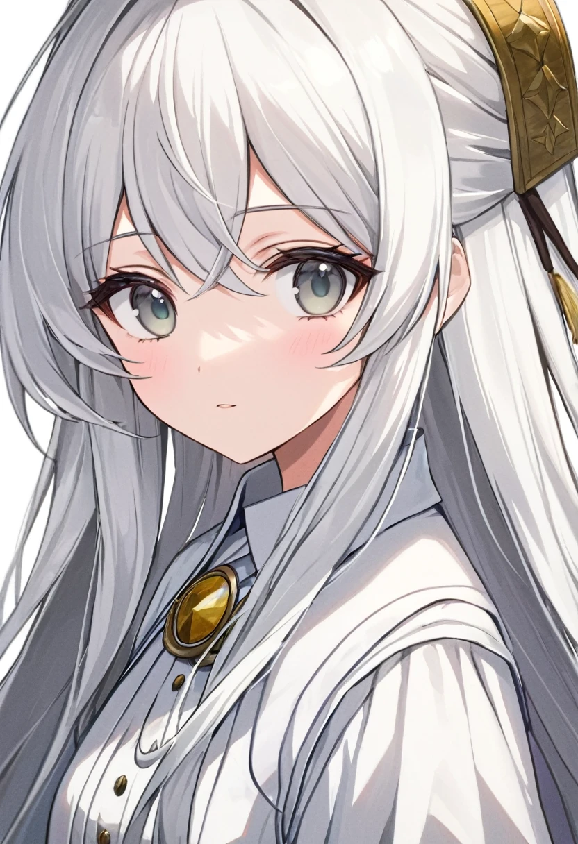 a peasant girl in a white dress, long hair, white hair, (beautiful gray eyes)++, (one small metal hairpin on hair)++,detailed clothing,(best quality,highres,masterpiece:1.2)highly detailed portrait,anime style,super detailed,simple background