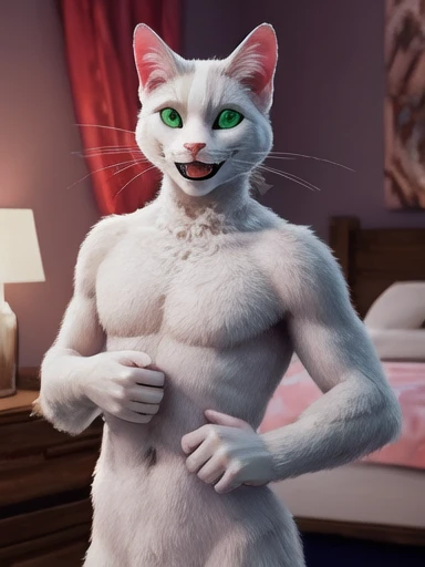 White cat, anthropomorphic, bedroom, shirtless, green eyes, happy, smiling, standing,