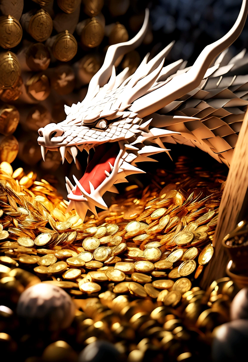 "Very nice 3D rendering of a Chinese white dragon.，Dynamic expression, Sharp effects and details，Excellent image quality，High resolution，Variety of colors,　Muchas Monedas, treasure"