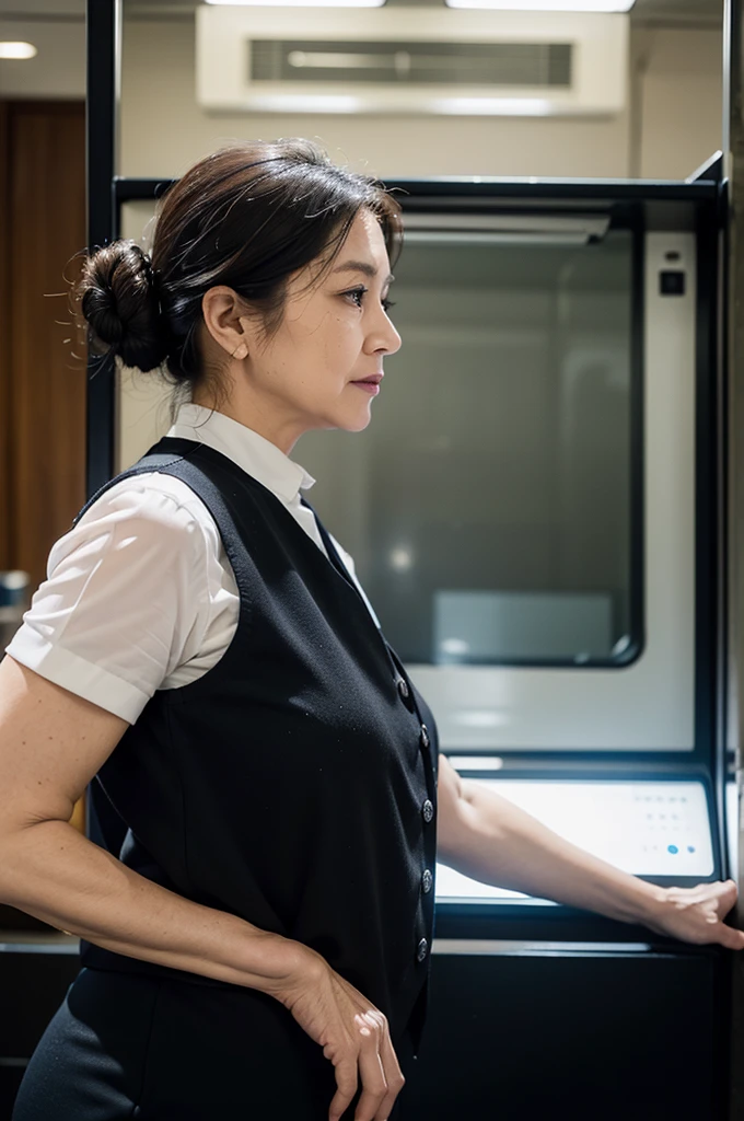 (masterpiece:1.4),(60-year-old woman:1.5),(Facial wrinkles : 1.2), (facing away : 1.3), white skin, pores, skin blemishes, dull skin, serious face, updo hair, maternal, Mature Woman, upper body shoot, office worker, (smooth fabric), (polyester black vest with button), black pencil skirt, white short sleeve shirt, (fat arms : 1.1), (plump arms : 1.1), (focus on upper arms), working at ticket window, detailed backgrounds, 