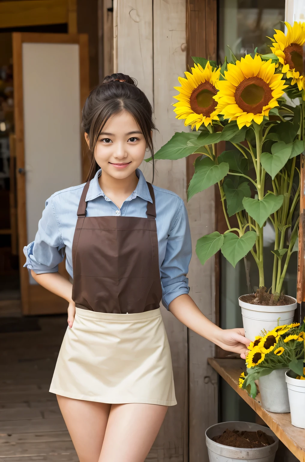 A 20-year-old girl working at a flower shop(Wearing a miniskirt and apron)have a sunflower