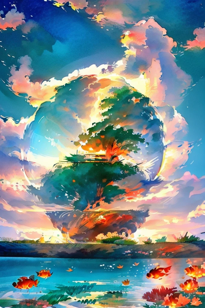 A watercolor-style image viewed from directly above of a fishbowl with up to five goldfish swimming, where 70% are regular goldfish and 30% are telescope eye goldfish. The water surface has two large ripples, and there are floating green autumn leaves. The scene is Japanese-style with pastel colors and high saturation, evoking a refreshing summer feeling. The goldfish are in silhouette form without detailed features, and the lines are drawn in an ink-like style.