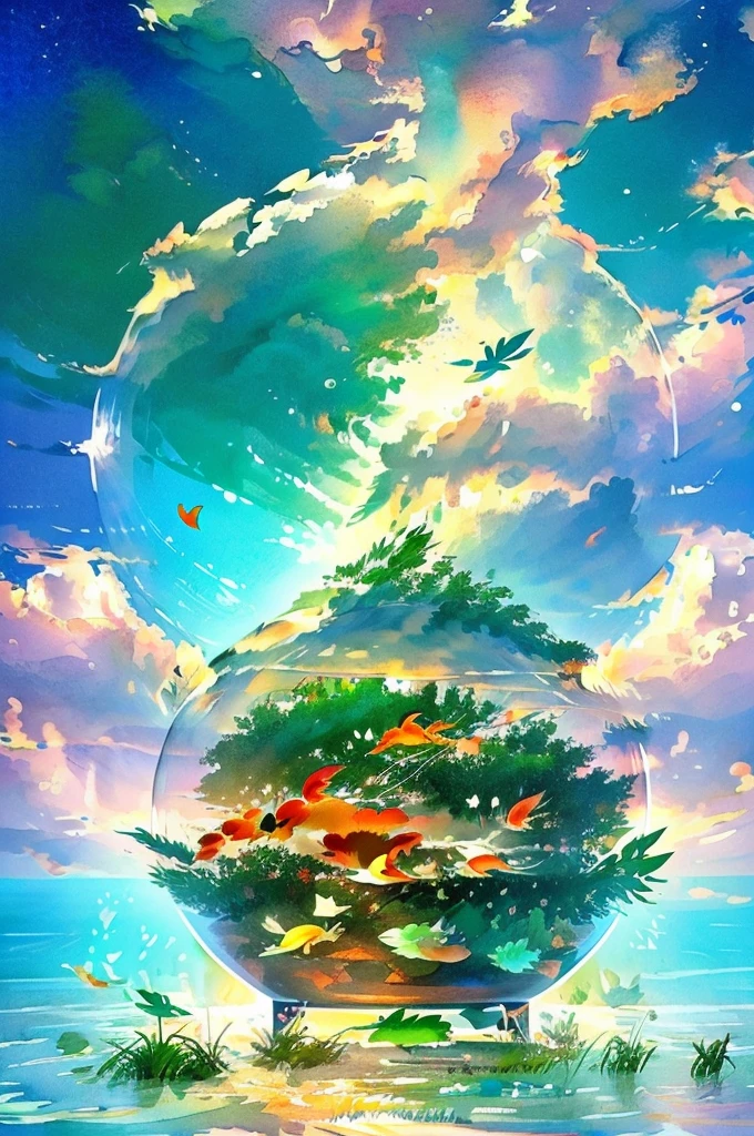 A watercolor-style image viewed from directly above of a fishbowl with up to five goldfish swimming, where 70% are regular goldfish and 30% are telescope eye goldfish. The water surface has two large ripples, and there are floating green autumn leaves. The scene is Japanese-style with pastel colors and high saturation, evoking a refreshing summer feeling. The goldfish are in silhouette form without detailed features, and the lines are drawn in an ink-like style.