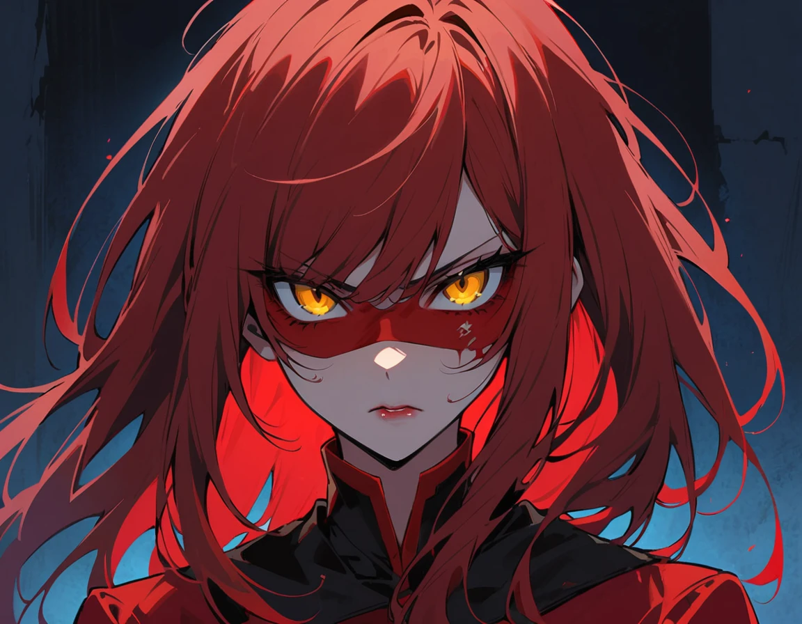 Long red hair, yellow eyes, evil, sexy, black and red clothes, cute hairstyle, evil face, evil, serious look, red face mask, gloss lips, sinister, front look, bloody, gloves, close up, portrait, beautiful eyes, short dress, big white, dark place, night, sensual, straigh hair cut, clear skin, evil, young 30 years girl, adult girl, solo, red, very long hair, 