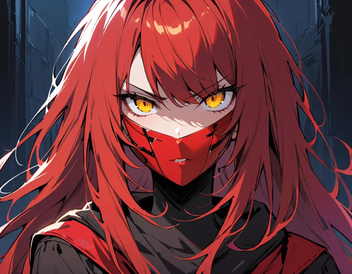 Long red hair, yellow eyes, evil, sexy, black and red clothes, cute hairstyle, evil face, evil, serious look, red face mask, gloss lips, sinister, front look, bloody, gloves, close up, portrait, beautiful eyes, short dress, big white, dark place, night, sensual, straigh hair cut, clear skin, evil, young 30 years girl, adult girl, solo, red, very long hair,