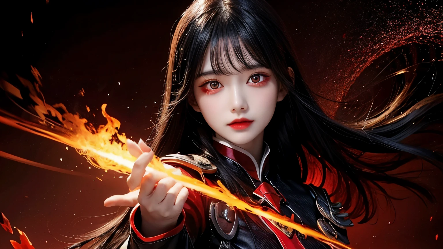 1girl, black hair, red eyes, fire witch, blood, light particles, light rays, wallpaper, high contrast, colorful,