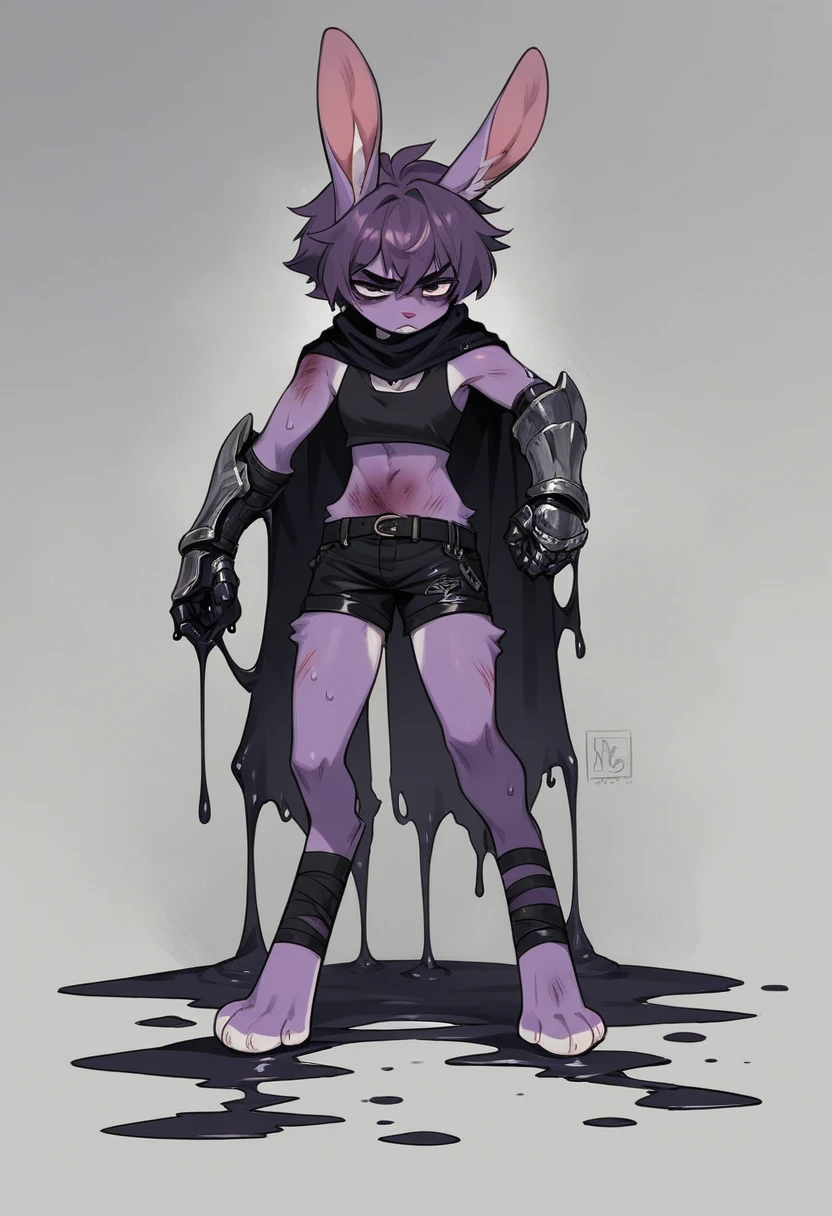create a picture of a female half rabbit character with purple giant rabbit digitigrade legs with white paws, put purple rabbit ears on top of her head, make her wearing a black athletic tank top and black shorts, put purple fur on her arms from her elbows down, give her short brown hair, make her legs look fluffy and furry, make it in an anime style, make her outfit slightly tattered and torn, make her look super tired, give her black gauntlets, make the background look like a pitch black wet environment, cover her fur in black goo, make the black goo dripping from her arms and legs, make her look bruised, make her standing tall and determined, give her a black tattered cape and a large backpack