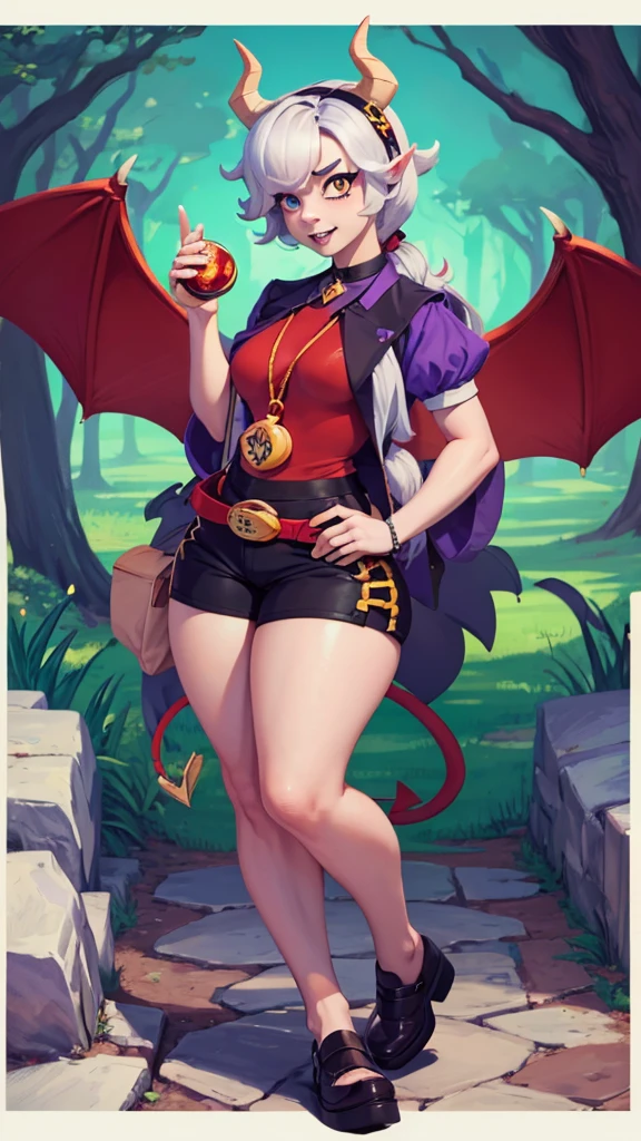 Surreal beautiful cat elf, very red and detailed hair, face detailed, big demon horns, gorda, fully body, Big eyes, long and pointed nose, colettetrixie, sharp teeth, hair over one eye, hairband, demon horns, colored sclera, purple shirt, purple shorts, demon wings, 8K