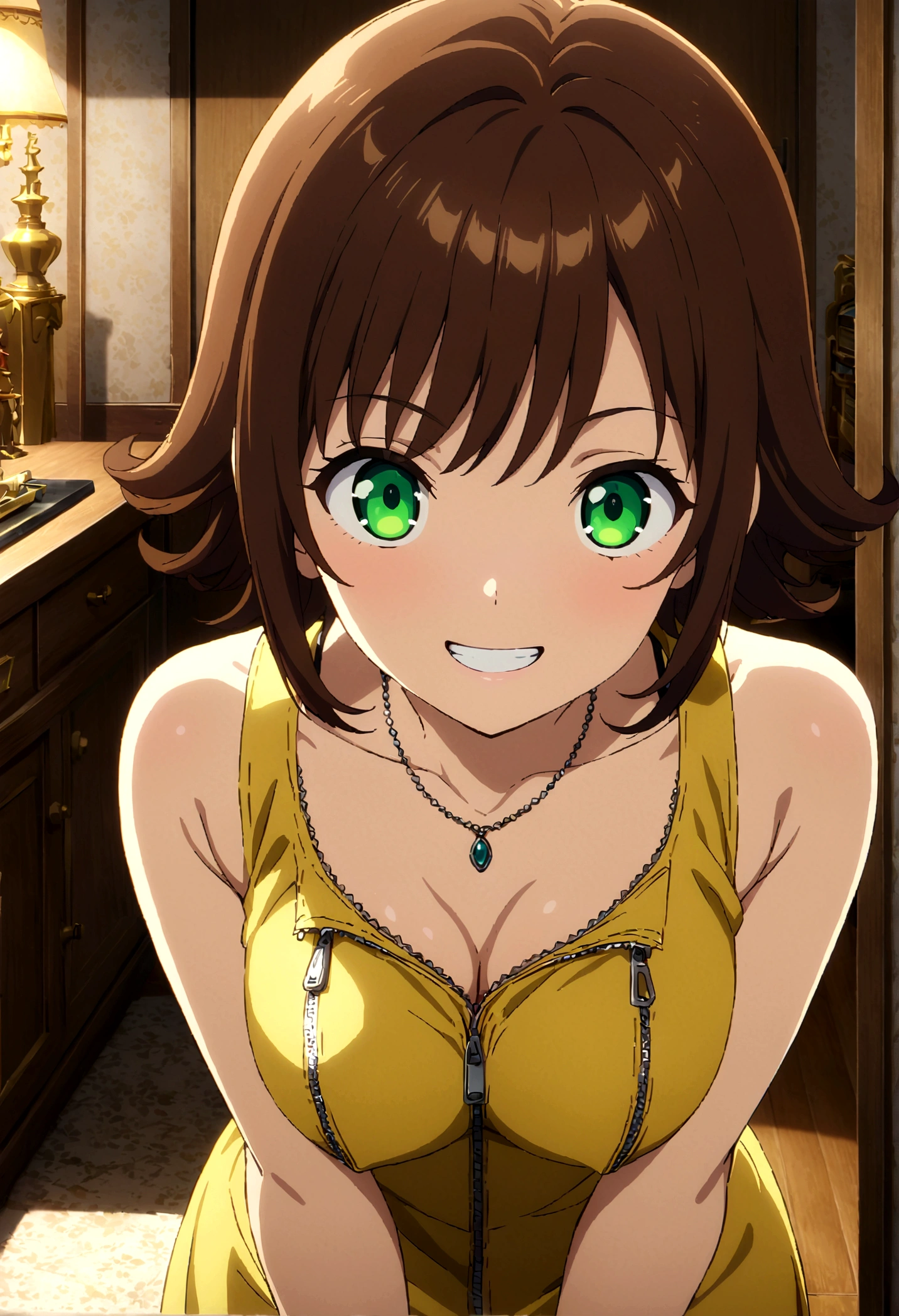 score_9, score_8_up, score_7_up,,BREAK source_anime, from above,front view,standing,,medium shot,looking_at_viewer,1girl, solo, short hair, brown hair, green eyes, necklace, yellow dress, zipper, wristband, , smile, teeth, bent over, ((unzipping)),  indoors, bedroom, (best quality),(aesthetic,very aesthetic),masterpiece, highres, (anime screenshot:0.5),,