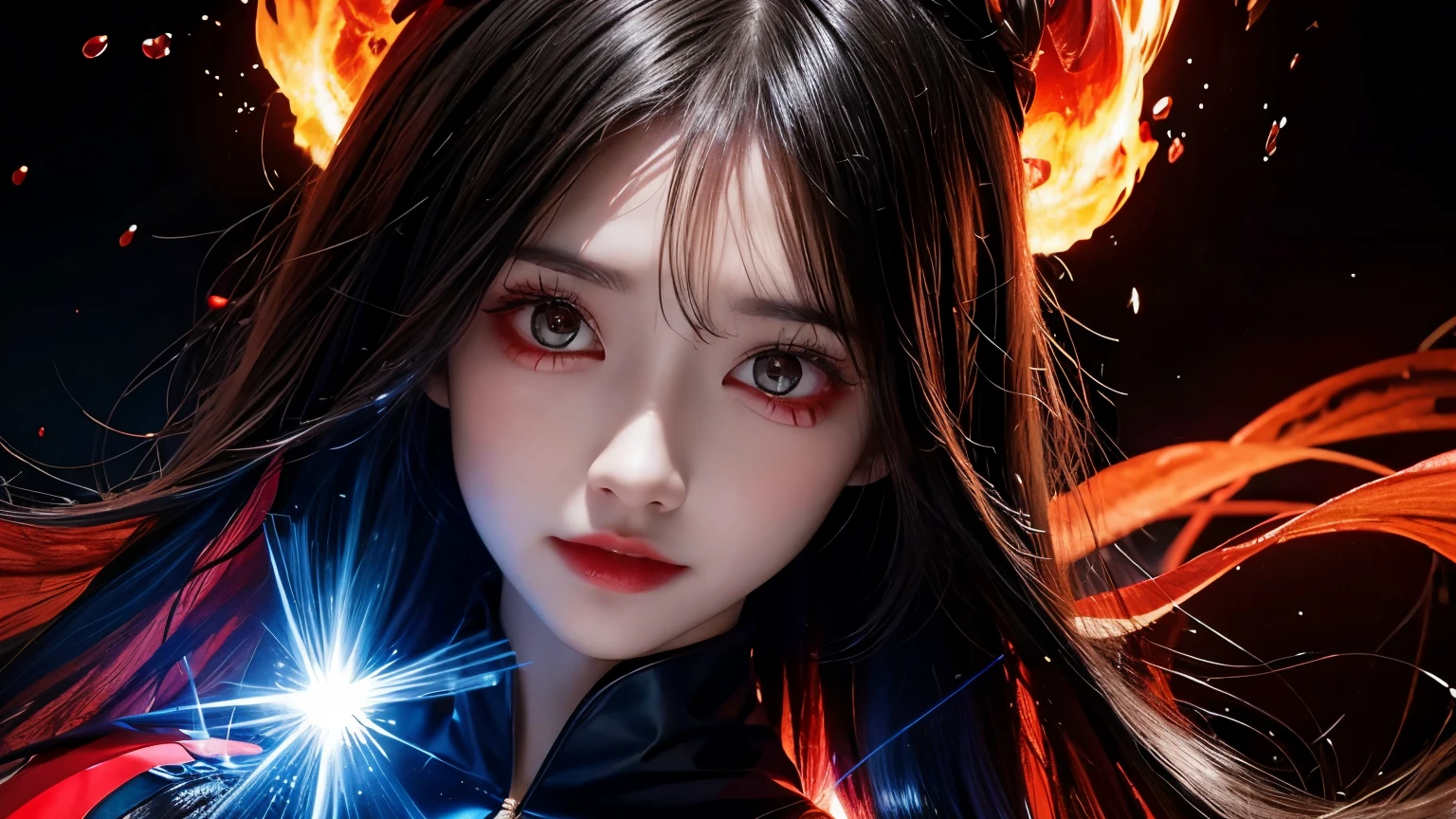 1girl, black hair, red eyes, fire witch, blood, light particles, light rays, wallpaper, high contrast, colorful,