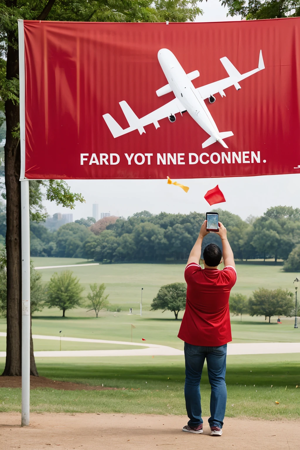 Red plane throwing a horizontal condom as a poster, in a park with people recording with their cell phones.