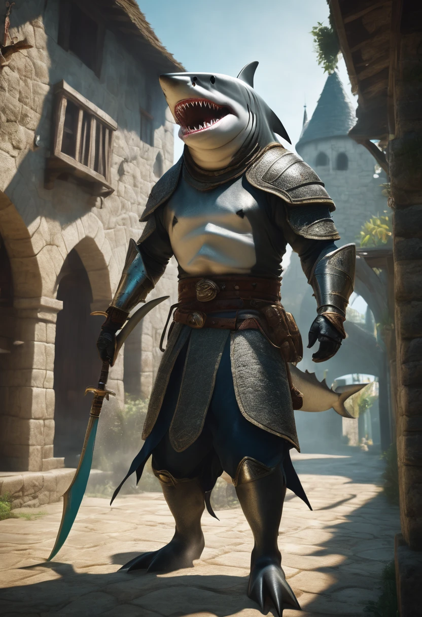 Very aggressive anthropomorphic shark warrior in a medieval setting, 4k, realistic, uhd, cinematic