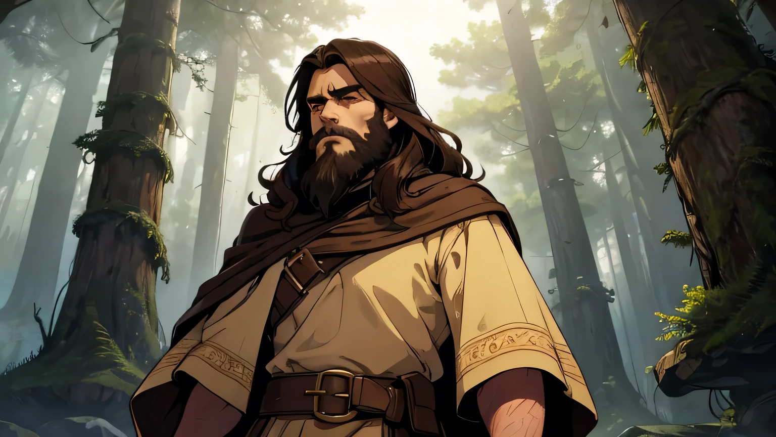 Worried-faced man with dark brown beard, long dark brown hair, light yellow-brown eyes and dark brown and light brown tunic from the 4th century BC. C., wearing a light brown cloak, about 50 years old, holding a staff, walking in a dark and mysterious forest at night, lost in the forest, changing lighting, hyper-realistic, cinematic lighting,