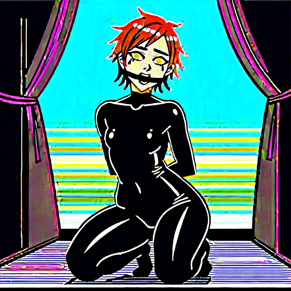 Kingdom hearts、((sky))、Arms behind back、Yellow glowing eyes、sweating、Black drip、(A young boy is restrained and has a large erection、Kneeling with the crotch open、Mouth gag、first round)、naked、Brown Hair、cute、Spiky hair、Are crying、Looks disgusting、((A tight-fitting rubber suit、))Night cityscape、sexy、from the front