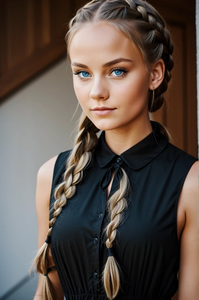 blue eyed girl, norwegian scandinavian with braids, beautiful in black dress