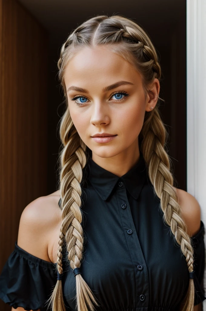 blue eyed girl, norwegian scandinavian with braids, beautiful in black dress