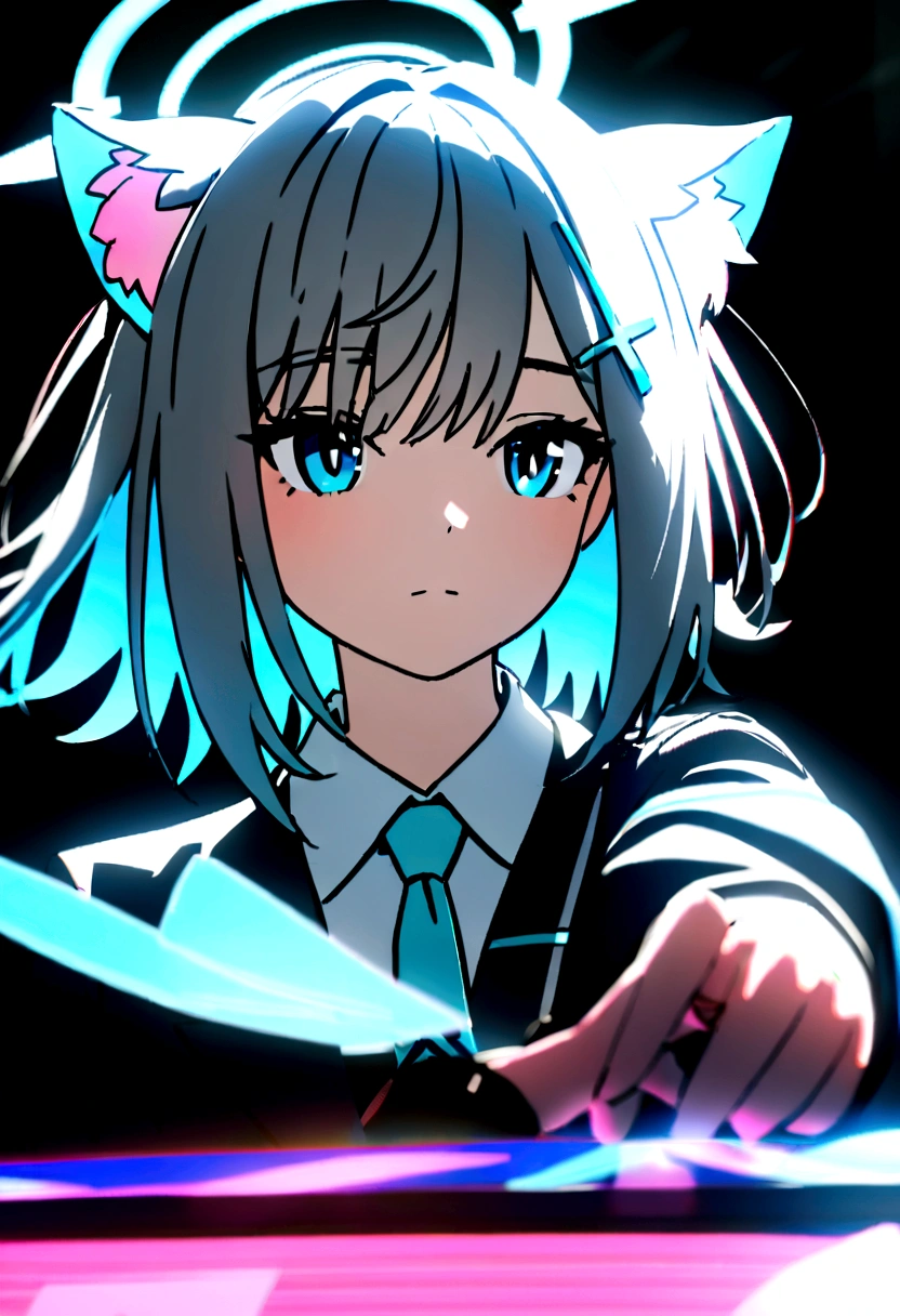 1girl, shiroko \(blue archive\), Future High-tech Holographic 3D Model of catgirl 3D transparent holographic projection of a catgirl