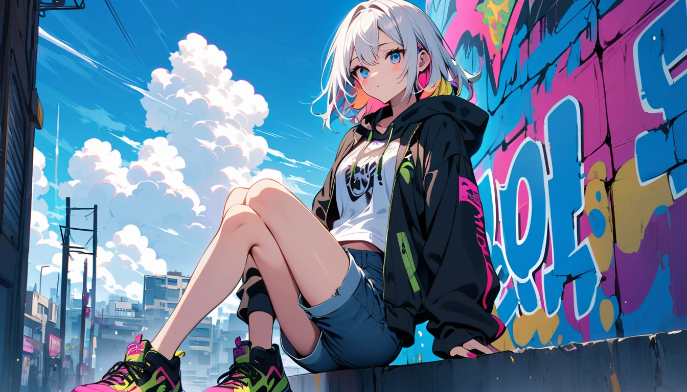 HD 8k Handsome sexycute, Solitary, 1 female, Medium Length Hair, white hair, Rainbow hair, blue Eyes, Rainbow headphone, hoodie, colored hoodie, black Trucker Hat, hip-hop style big hooded jacket denim shorts, sneakers, Human focus, outdoor, blue sky, White clouds, graffiti wall,