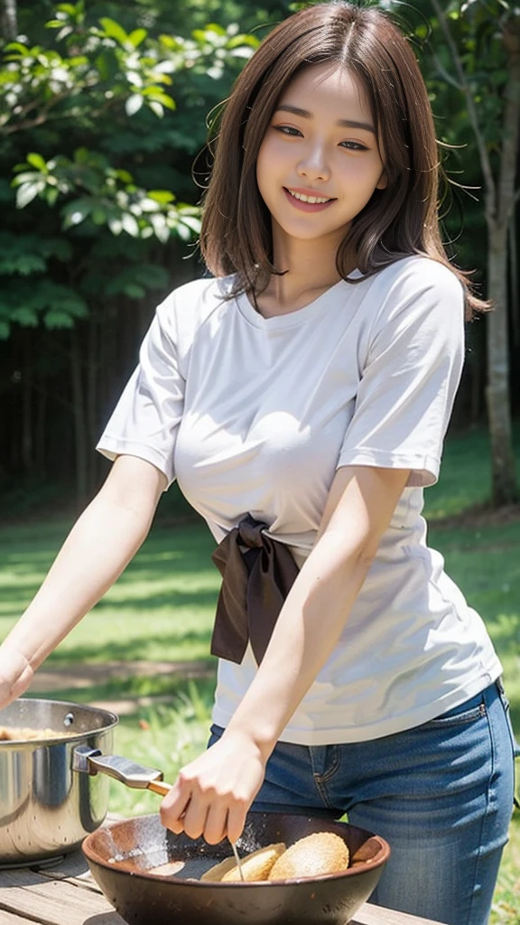 neat college girl、petite person、((Naked wearing only one white apron、Naked sexy white apron))、Outside the field、(Slimed、small tit、flat boobs、small boobs)、Photorealsitic、detaileds, Skin texture, ultra-detailliert、Delicate and sexy collarbone、a smile、Super detailed face、detailed lips、A detailed eye、二重まぶた、Sitting on legs bending the knees、squatting、White panties are visible from the skirt、