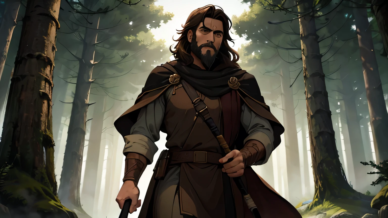 Worried-faced man with dark brown beard, long dark brown hair, light yellow-brown eyes and dark brown and light brown tunic from the 4th century BC. C., wearing a light brown cloak, about 50 years old, holding a staff, walking in a dark and mysterious forest at night, lost in the forest, changing lighting, hyper-realistic, cinematic lighting,