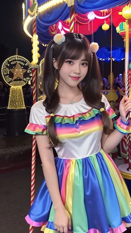 8K, (Ultra HD:1.2), (masterpiece:1.5), 1 Girl, 16 years old,High school student cosplay,Cute face, very beautiful twin tails, fine grain, Small Bust, Baby Doll Costume, (Rainbow color dress costume:1.4), (Retro Filter:1.4), (Fantasy:1.4), (Standing in front of a merry-go-round at night, Under the light:1.5), Airy fluffy soft landscape background, Ultra-realistic, Ultra-high quality cinema lighting, More information, Full HD, Perfect body,smile,150cm,skinny,View your audience,