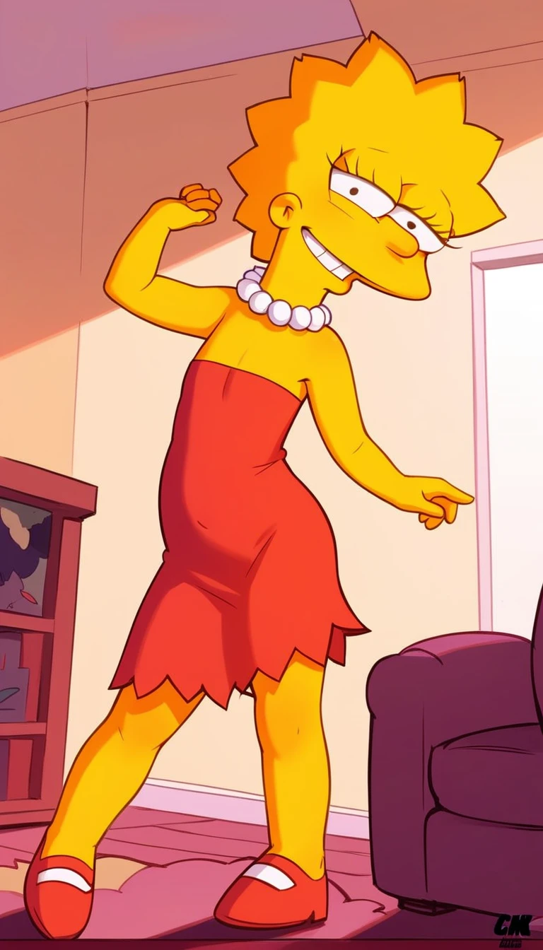 source_cartoon, (((1girl, solo, alone, lisa_simpson, short hair, flat chest, colored skin, yellow skin))), looking at viewer, smile,
red dress, red shoes, pearl necklace,
sexy pose, dynamic pose, dynamic angle, cowboy shot,
indoor, living room,
