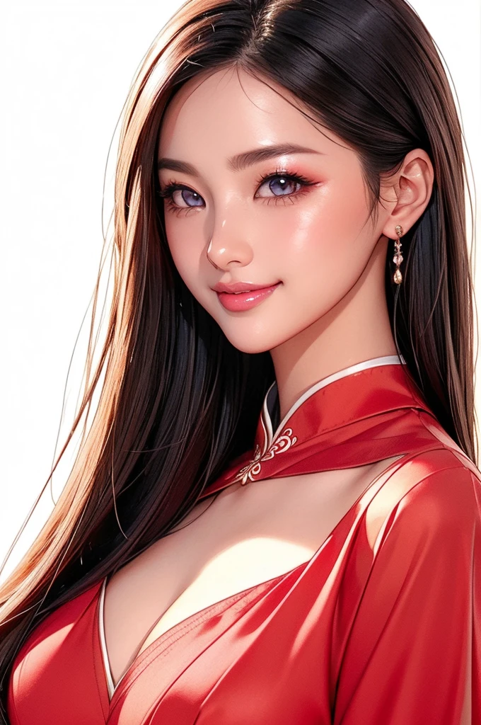(super fine illustration) Amazing eyes、Perfect Lips、And a beautiful girl with a captivating smile、upper body Detailed and realistic portrait、Super detailed、16K、masterpiece、high quality、Negative Space、blush、eye shadow、Perfect Skin、Refined facial features、Elegant look、Smiling Lips、Dark Eyes Chinese Model、Silky super straight long hair、Photorealistic Eyeline、Clear Eyes、White background only、Sexy adult look、red dress with open neck