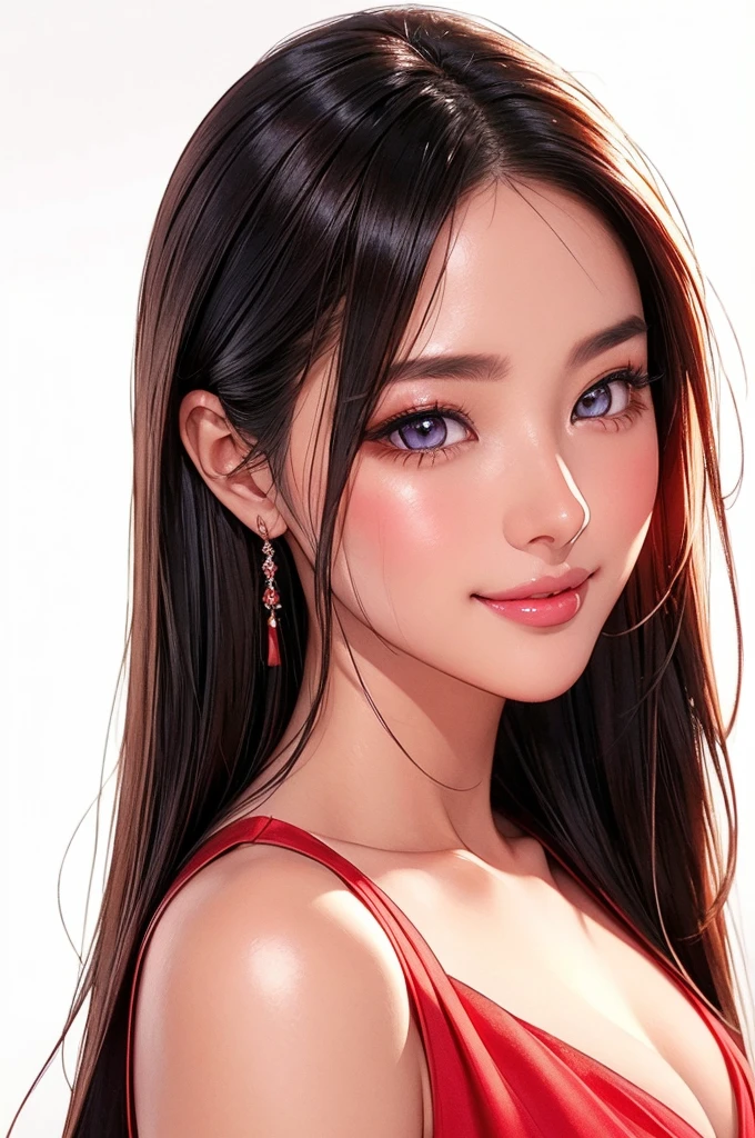 (super fine illustration) Amazing eyes、Perfect Lips、And a beautiful girl with a captivating smile、upper body Detailed and realistic portrait、Super detailed、16K、masterpiece、high quality、Negative Space、blush、eye shadow、Perfect Skin、Refined facial features、Elegant look、Smiling Lips、Dark Eyes Chinese Model、Silky super straight long hair、Photorealistic Eyeline、Clear Eyes、White background only、Sexy adult look、red dress with open neck