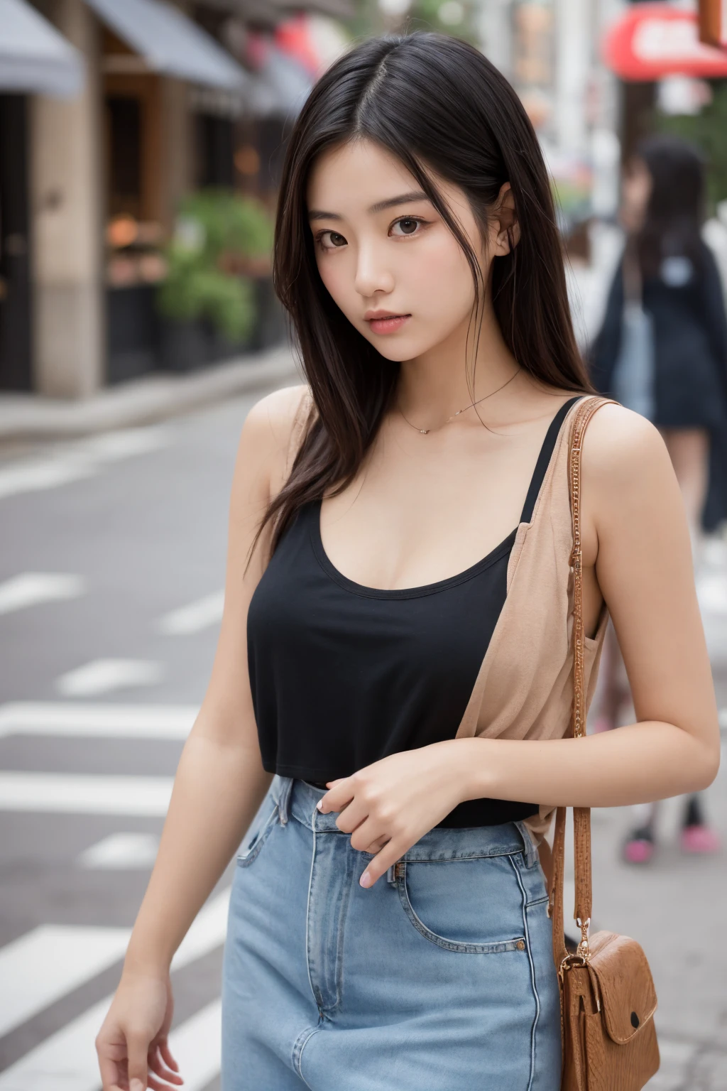 A beautiful young Japanese woman in her 20s showing off casual fashion, mainly tank tops. She has smooth, Perfect Skin, long, silky black hair, Expressive, Captivating eyes. The stage is々Stylish urban environment, Includes a busy street, Cozy cafe, Quiet park. The woman is wearing a chic tank top paired with jeans.。, skirt, casual accessories. Each shot captures her natural beauty and effortless style., warm, Natural light and vibrant colors. Images should convey casual elegance and everyday beauty. Images should be shot as if they were taken by a famous photographer, To achieve high realism and detail、Using a Canon EOS R5 camera.
