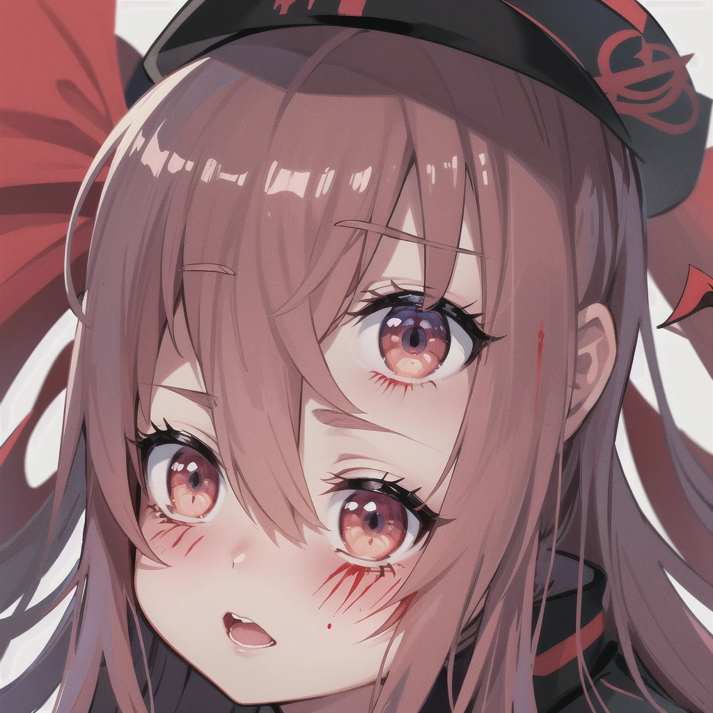 Close-up:His face was covered in blood、Person wearing a hat, Yandere, gapmoe Yandere, gapmoe Yandere grimdark, demon Anime Girl, With glowing red eyes, Yandere. High target, anime monster girl, (Anime Girl), Junko Ejima, portrait gapmoe Yandere grimdark, Blood on clothes and face, Night Core